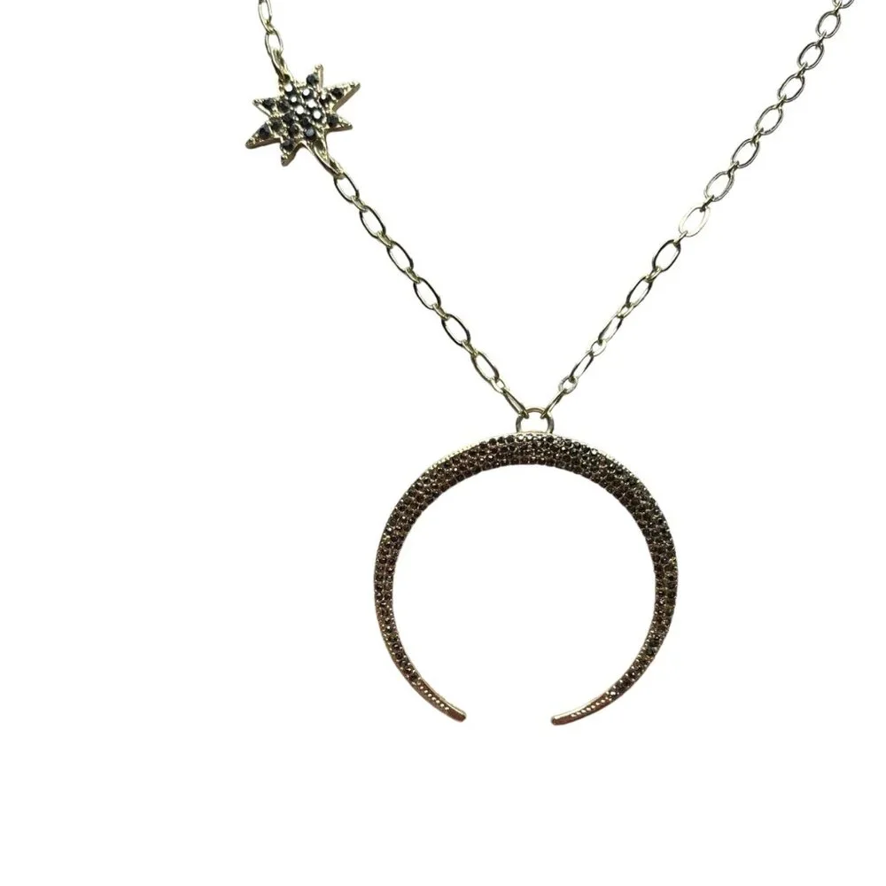 Star & Moon Pendant Necklace With Rhinestones Gold-Toned 18